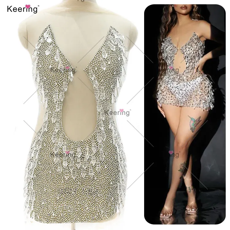 New Design Shiny Full stone panel  Dangle Crystal Beading Bodice Rhinestone Applique  For Bridal WDP-533