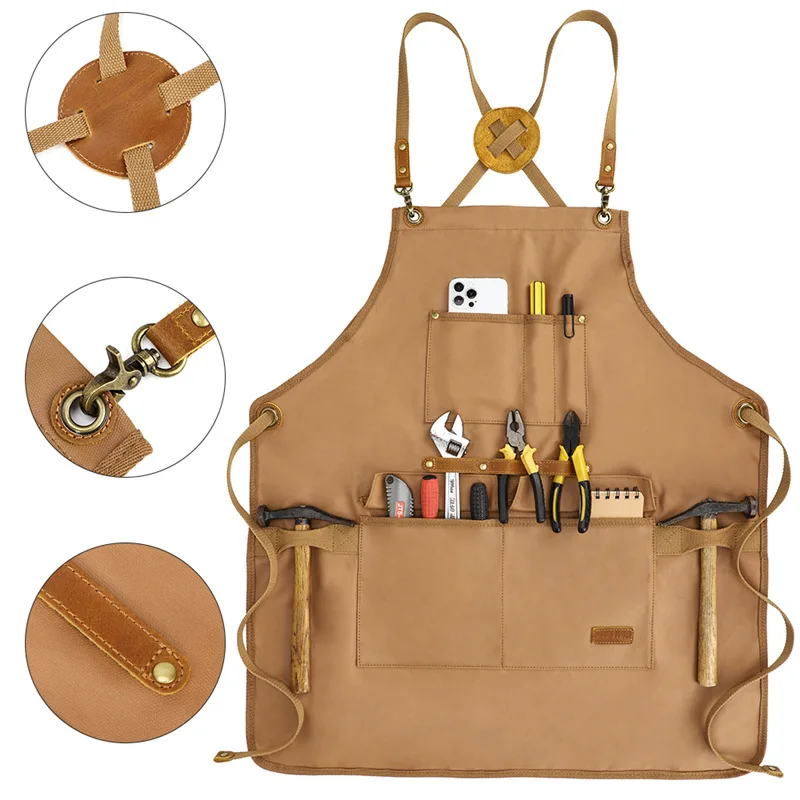 High quality Durable Goods Unisex Canvas Work Apron with Tool Pockets Cross-Back Straps Adjustable for Woodworking Painting