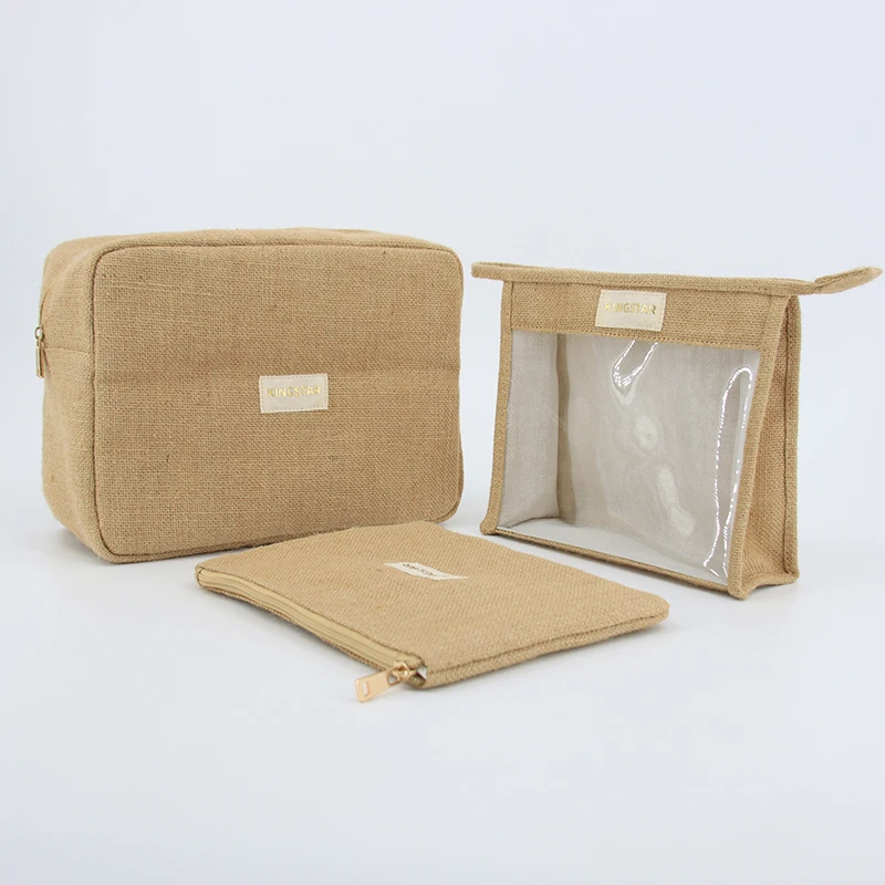 Organic jute Cotton Zipper Clear Makeup Bags with Zipper Small Toiletry Multi Purpose Travel Makeup Organizer for Women