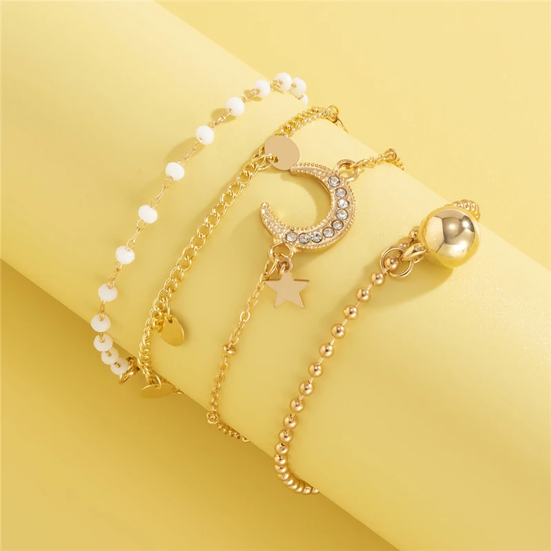 New Fashion Jewelry Set Layered Seed Beaded Bracelet Gold Chain Moon And Star Charm