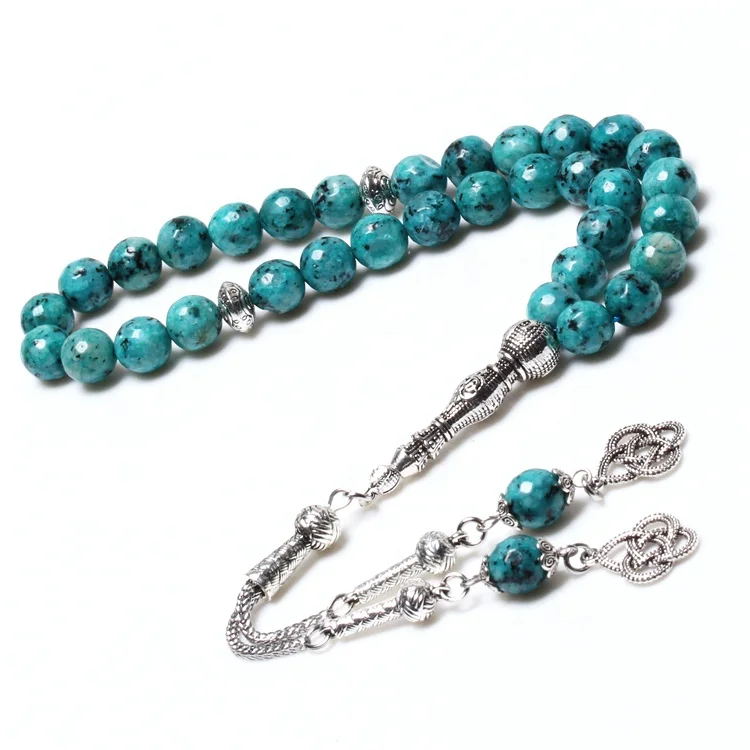 Natural Blue Stone Silver Tassel Allah Tasbeeh Muslim Prayer Beads Sibha Masbaha Rosary