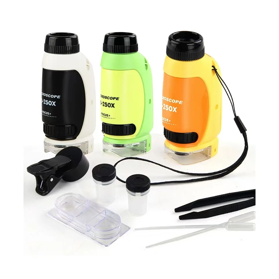 50X-250X STEM Educational Biological Science Kids Toy Microscope Kit Kids Portable Handheld Pocket Microscope With LED Light