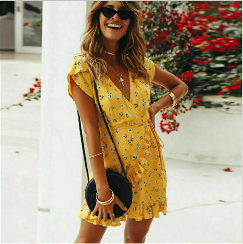 
2020 Wholesale Women Boho Yellow Short Sleeve Summer Dress Ladies Flower Pattern Sexy Mini Beach Sundress 