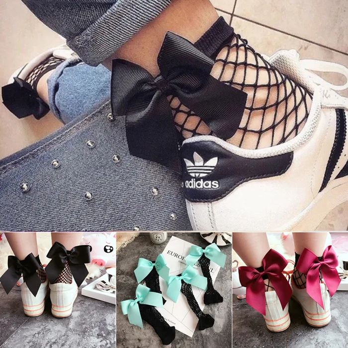 8 Colors Summer Breathable Women Girls Ruffle Bow Fishnet Ankle High Socks Mesh Lace Fish Net Short Socks With Ribbon Bow
