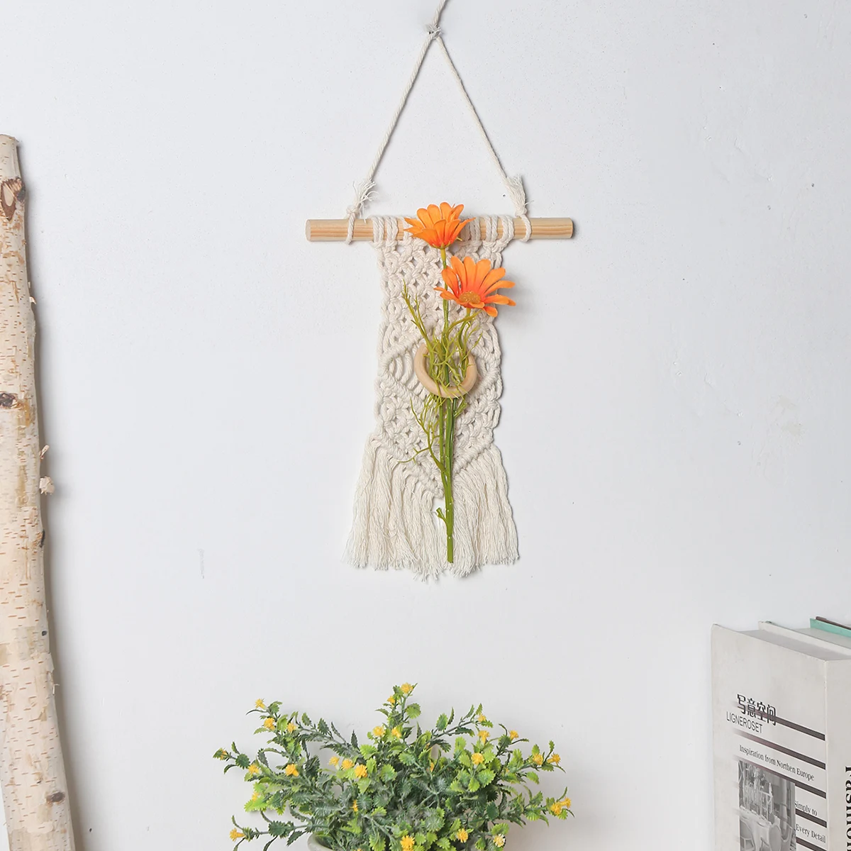 Wholesale Handmade Cotton Rope Wall Hanging Bohomain Home Decoration Macrame Garden Plant Hanger with Artificial Plant