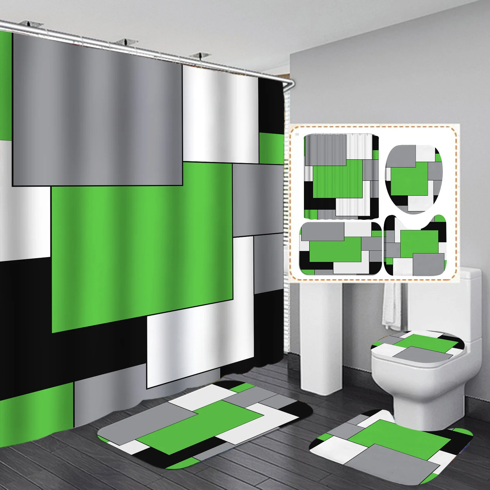 Custom Shower Curtains 4pcs Set, Bath Rug Set with Non-Slip Rugs Luxury Hotel Bathroom Shower Curtain