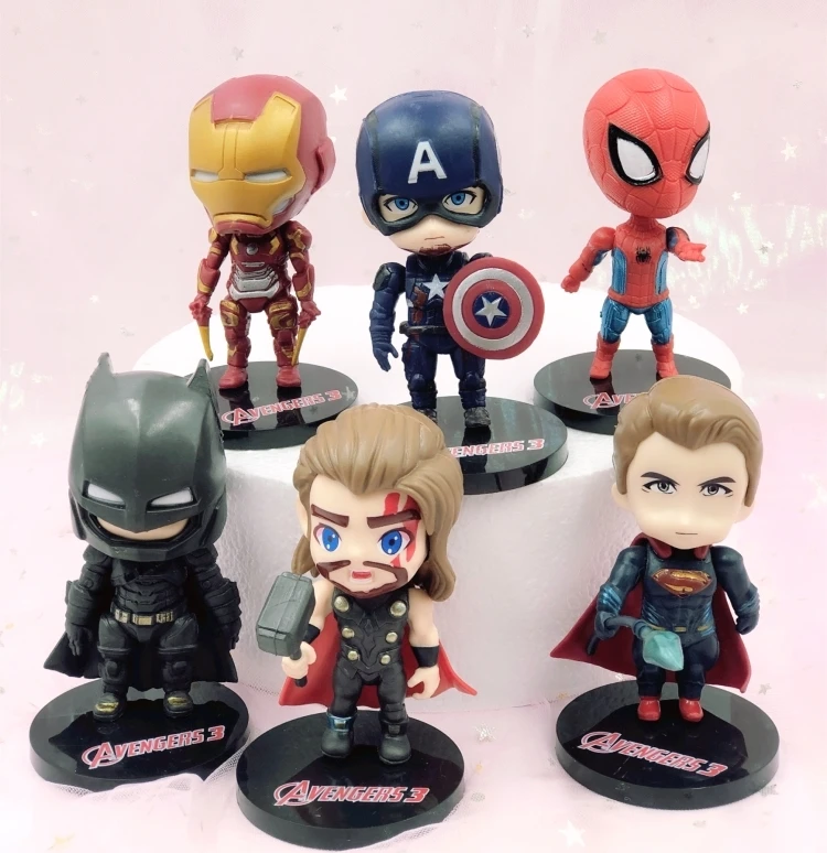 6Pcs Set 10cm Super Heroes Ironman Spiderman Thor Action Figures Cake Toppers PVC Mini Figurines Toys