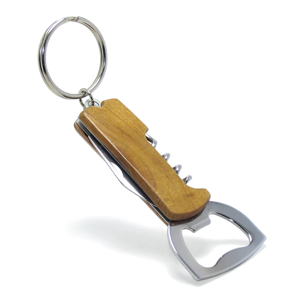 3-in-1 Knife Opener Corkscrew Combination Mini Metal Tool Key Chain Ring Outdoor Pocket Foldable Beech Wooden keychain knife
