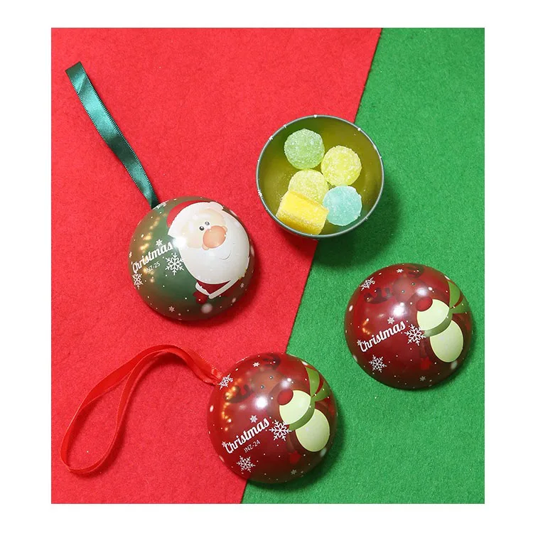 Wholesale Festival Decoration Metal Candy Box Christmas Tin Ball with Ribbon