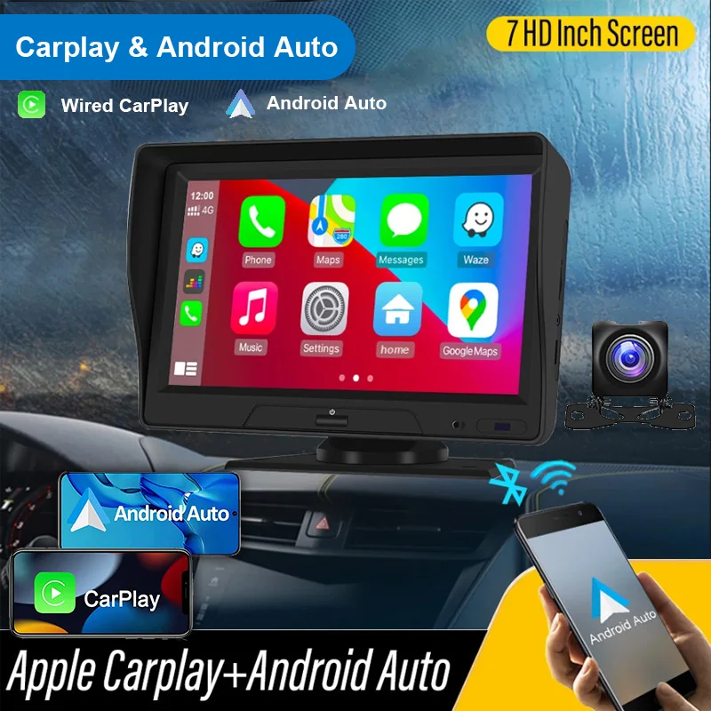 7-Inch Universal 1080P Dash Cam with CarPlay & Android Auto - GPS, Parking Monitor, Video Recording & Wireless Connectivity