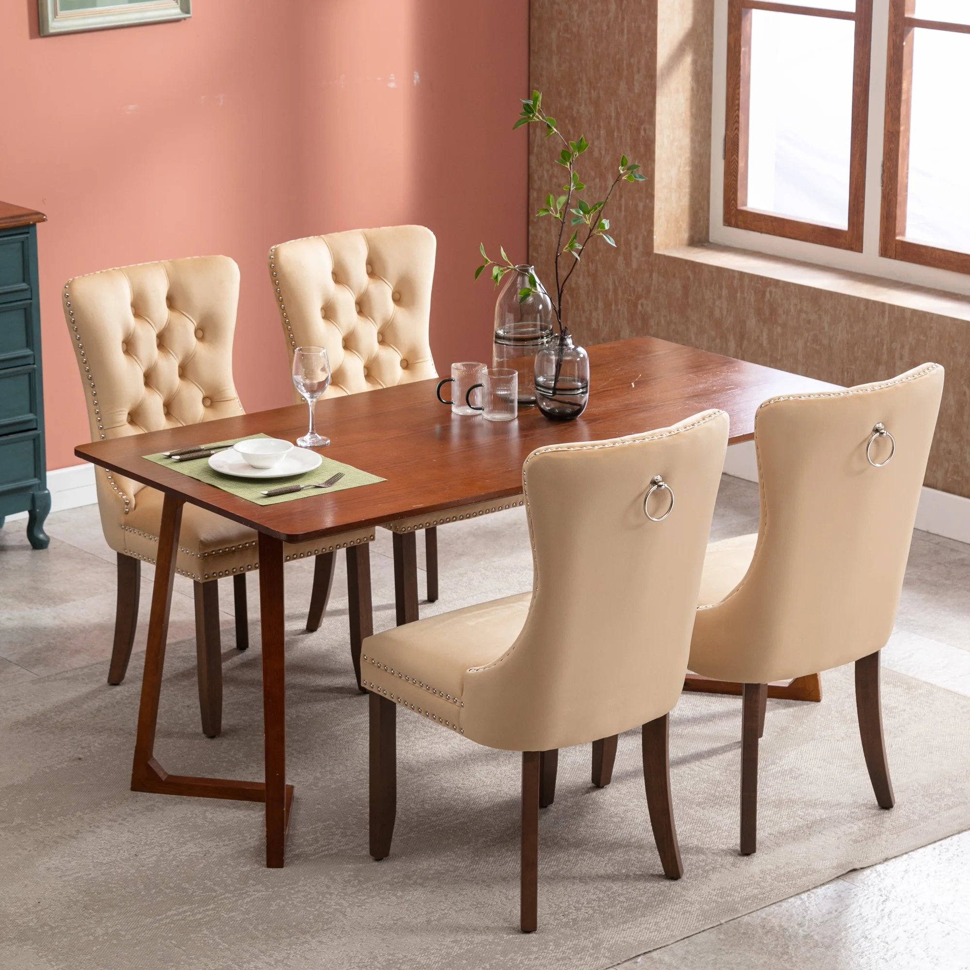 Exquisite Beige Velvet Upholstered Dining Chair