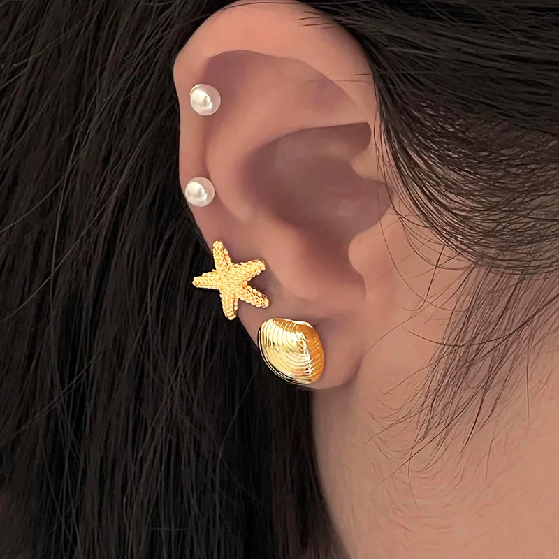 Bohemian Ocean Vacation Style Set Stud Earring Mini Small Summer Starfish Shell Imitation Pearl Earring Sets For Women Jewelry