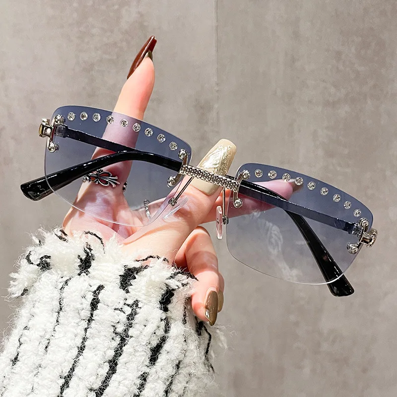 0603  Rimless Diamond Sunglasses Women Vintage Rectangle Sun Glasses Female Shades Square Eyewear Gradient Shades UV400