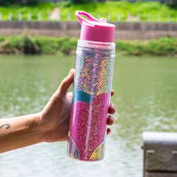 bpa free 20oz custom logo plastic  glitter sipper  water bottle double wall with straw