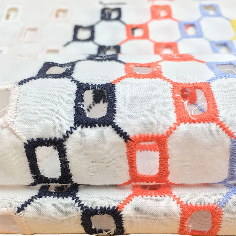 Square pattern cotton embroidery hollow color multi-color cotton clothing pure cotton embroidery fabric
