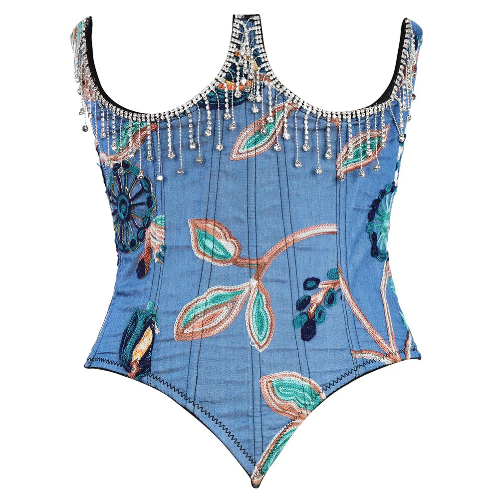 2023 women fashion rhinestone bustier crystal bustier denim corset under bust women embroidery corset top