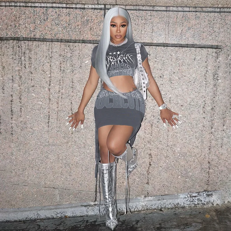 Y2K Designer Clothes Letter Print Outfits 2 Piece Mini Skirt And Crop Top Set For Women Casual Elegant Women Two Piece Set
