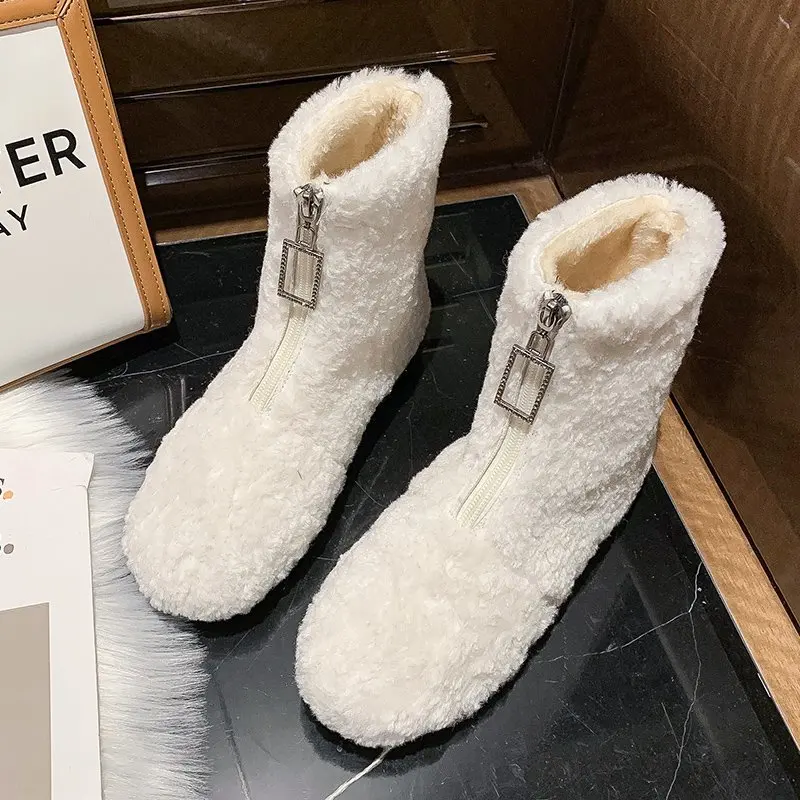 White Warm Plush Snow Boots Artificial Fur Winter Midi Moccasin Boots For Women Ladies Girls