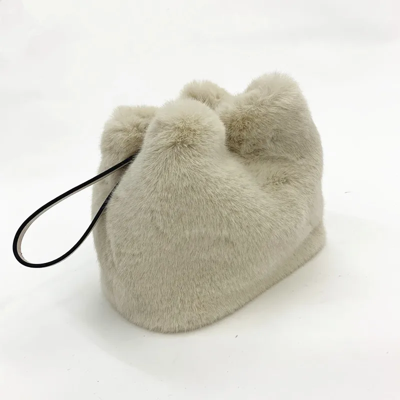 2019 New Fashion Plush Soft Mink Fur Barrel Strap Buckle Tote Hand Bags for Girls