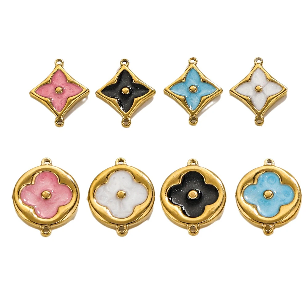 Fashion elegant 18K gold plated drop oil flower charms DIY stainless steel 4 leaf clover connector for jewelry bracelet making