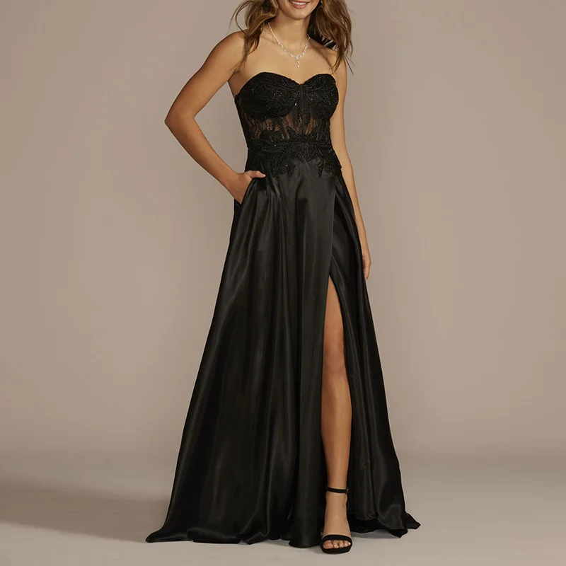 GDTEX Custom Strapless Illusion Lace Applique Satin Cover Illusion Bodice Satin Skirt With Pockets For Party Club Dress