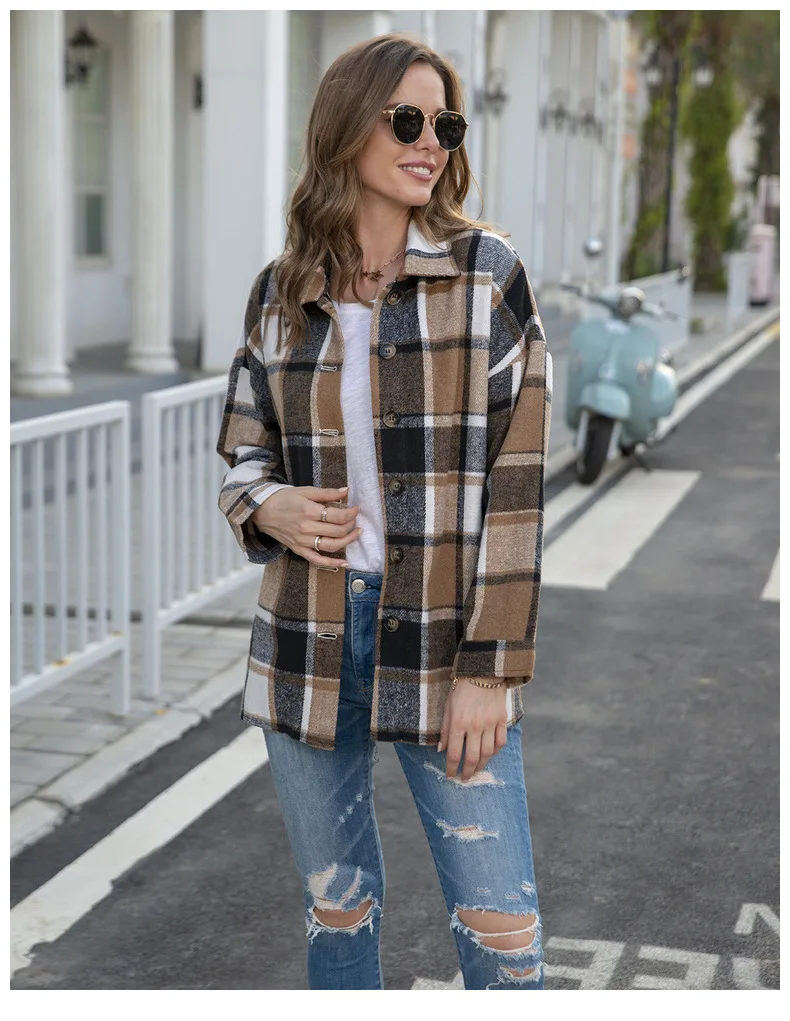 Осенне-зимние клетчатые рубашки с длинным рукавом Фланелевое пальто отворотом оптовая продажа большие размеры женская повседневная куртка карманами