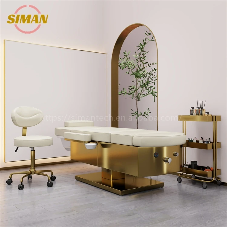Siman Lay Down Washing Salon Shampoo Bed Backrest and Legs Electric Lifting with Colorful Lights and Surf Pump Foot Therapy