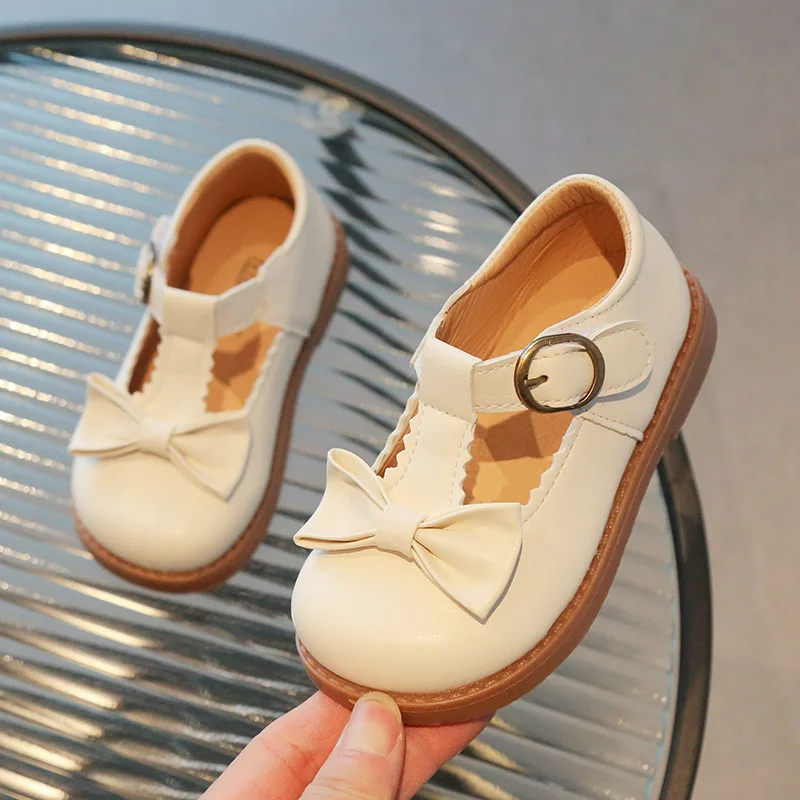 Mary Jane Bowknot T Strap Pumps PU Leather Breathable Round Toe Children Girls School Dress Shoes Hook & Loop Black Daily Wear