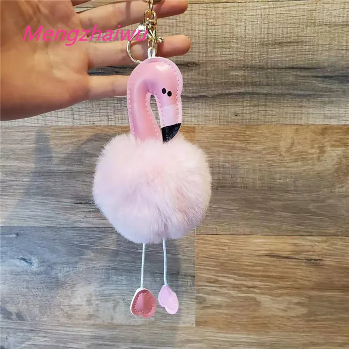 France Best Selling Trend Household Products Fashion Plush Pom Pom Ball PU Flamingo Leather Key Chain Fur Cute Keychains