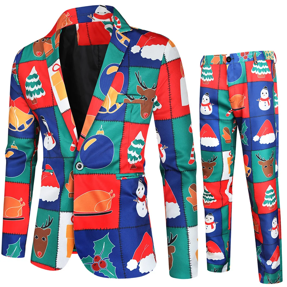 
Autumn Winter New Casual Christmas Print 2 Piece Cotton Blend Suit Trousers 