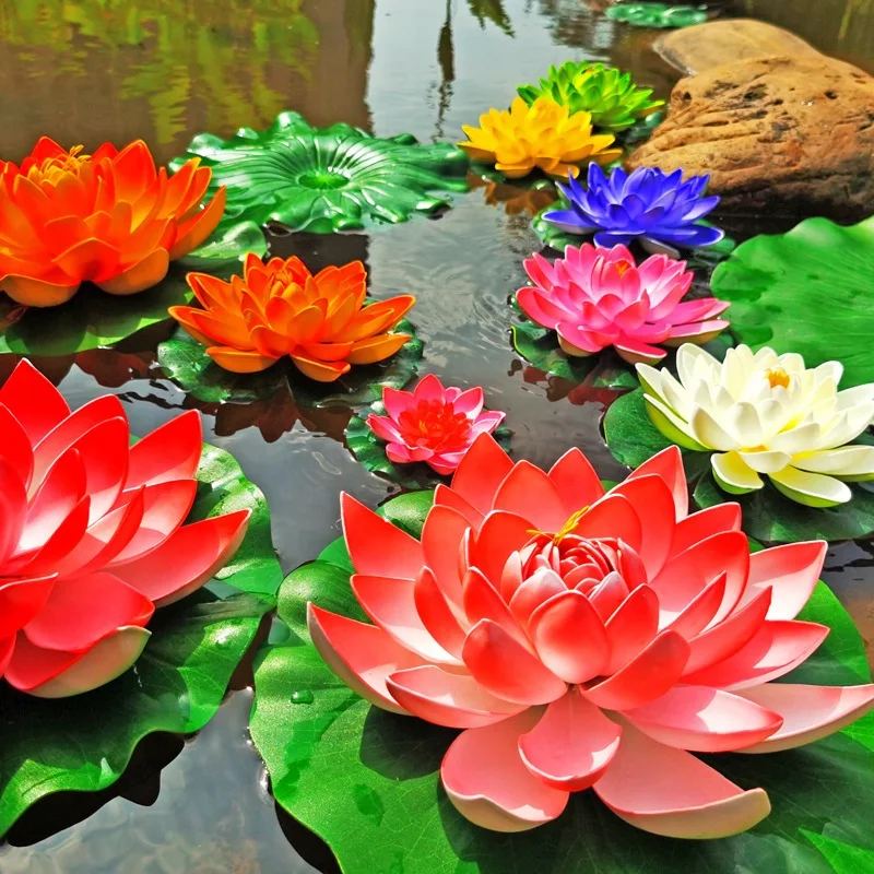 Different Color Artificial Floating Lotus Flower Plastic Water Lily for Home Outdoor Patio Pond Decoration