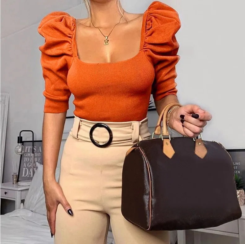 
2020 fall clothing for women vintage puff sleeve top square neck half sleeves tops woman blouses 
