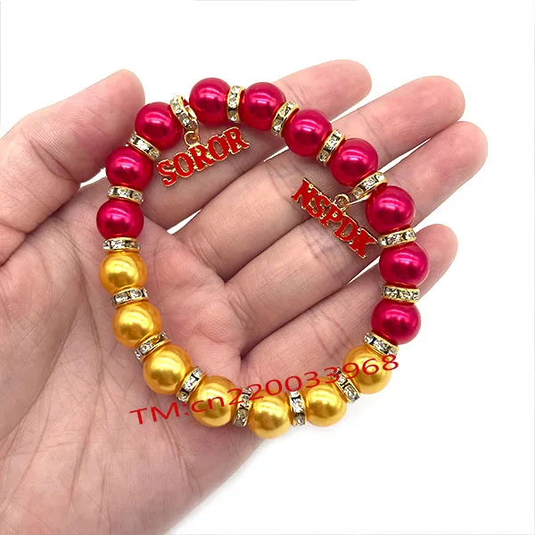 Custom Greek Letters Sorority Bracelets fashion Sigma Gamma Rho Red enamel NSPDK Soror charms Yellow Pearl Beads Bracelet