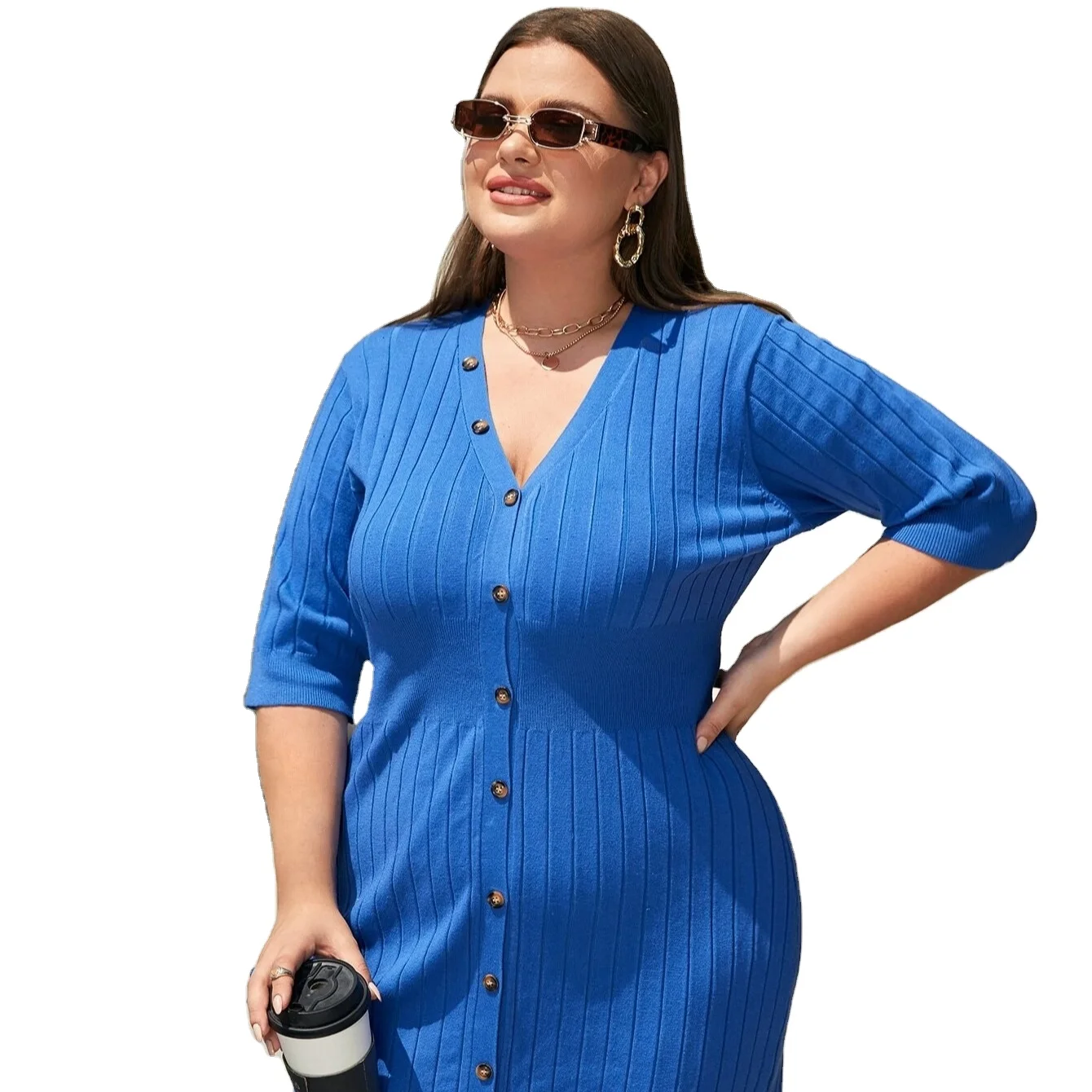 Индивидуальный Логотип полных женщин Модный женский длинный комбинезон сесксуальный комбинезон с рукавами с v-образным вырезом на пуговицах, от года до трех лет трикотажной плюс размера, женские платья-свитера