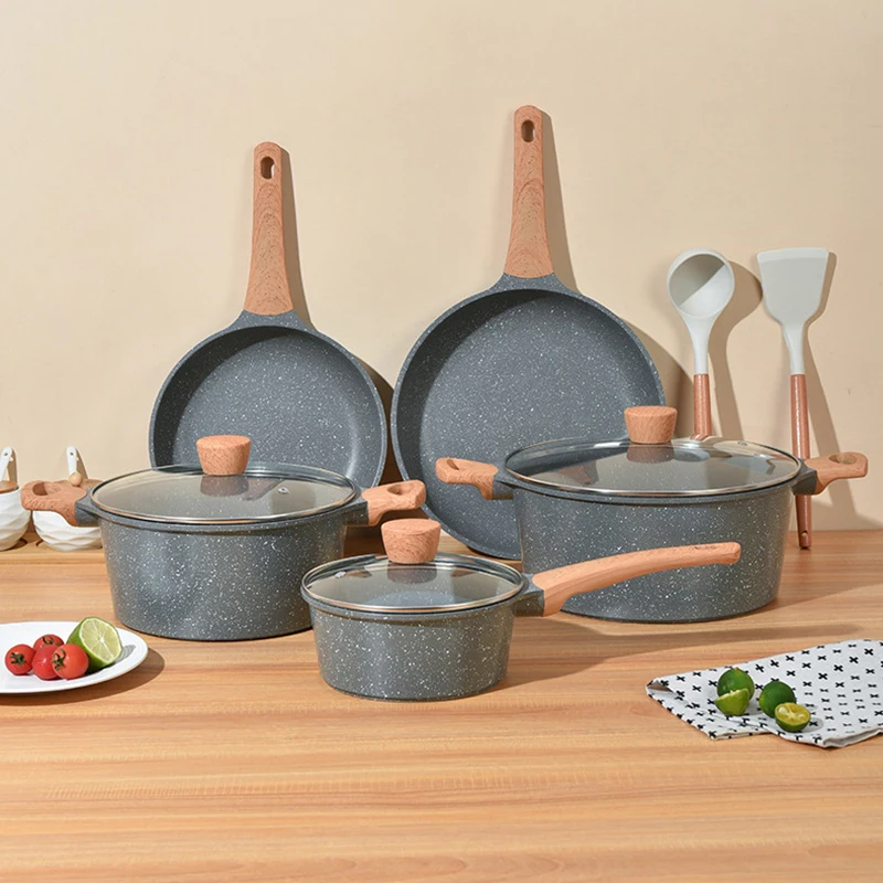 Die-Cast Set Kitchen Healthy Stone Cookware Set Frying Pan Wok Soup Pot Milk Pot Holiday Gift Cookware Set for Induction Cooktop