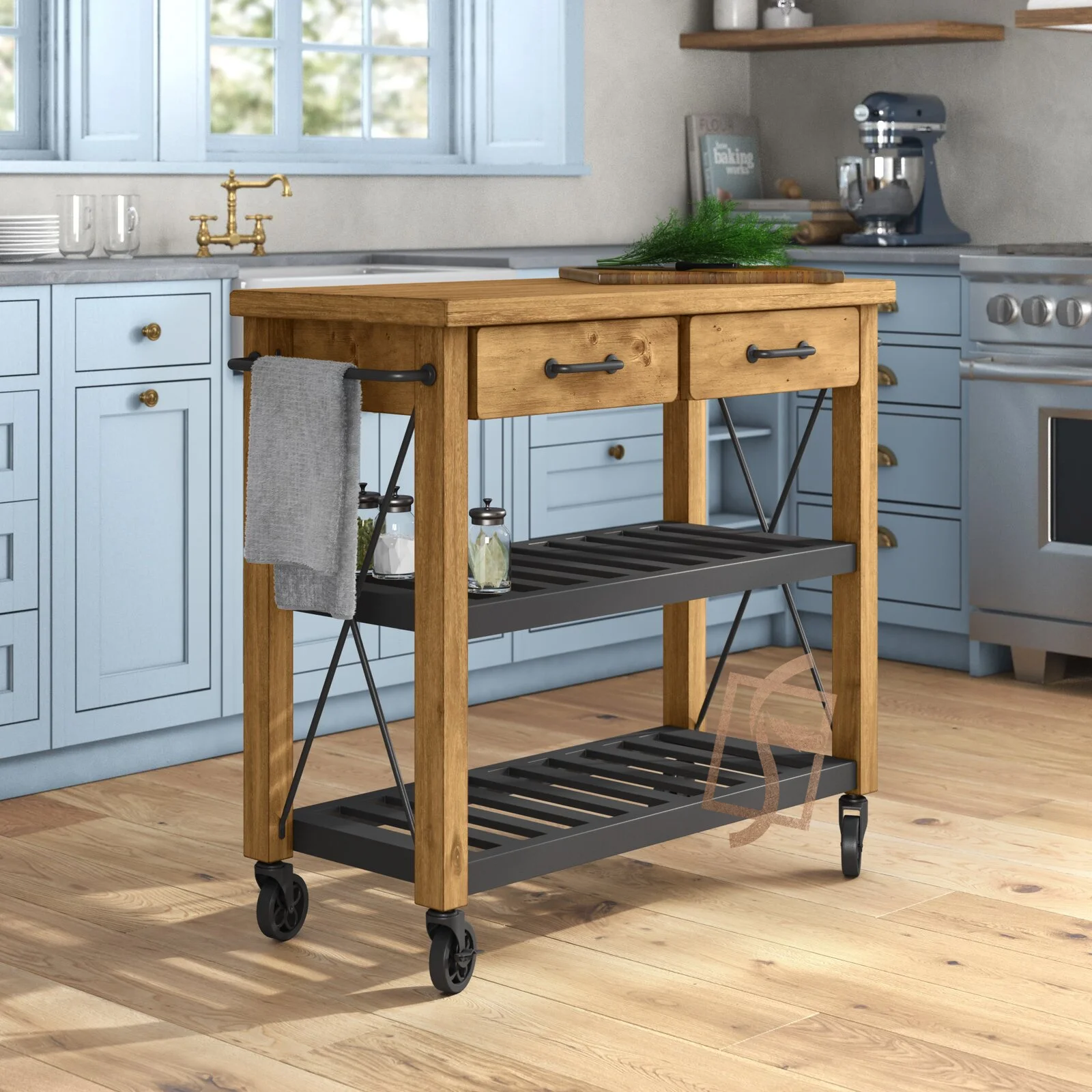 Low MOQ Solid  Wood Industry Style Rolling Storage Kitchen Cart Trolley Island With Wheels