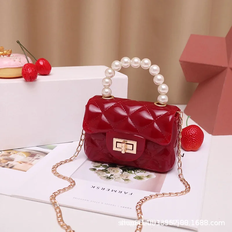 Mini Rhombus Jelly Purse Pearl Handle Chain Pvc Beach Handbags Small Solid Color Square Crossbody Shoulder Bag