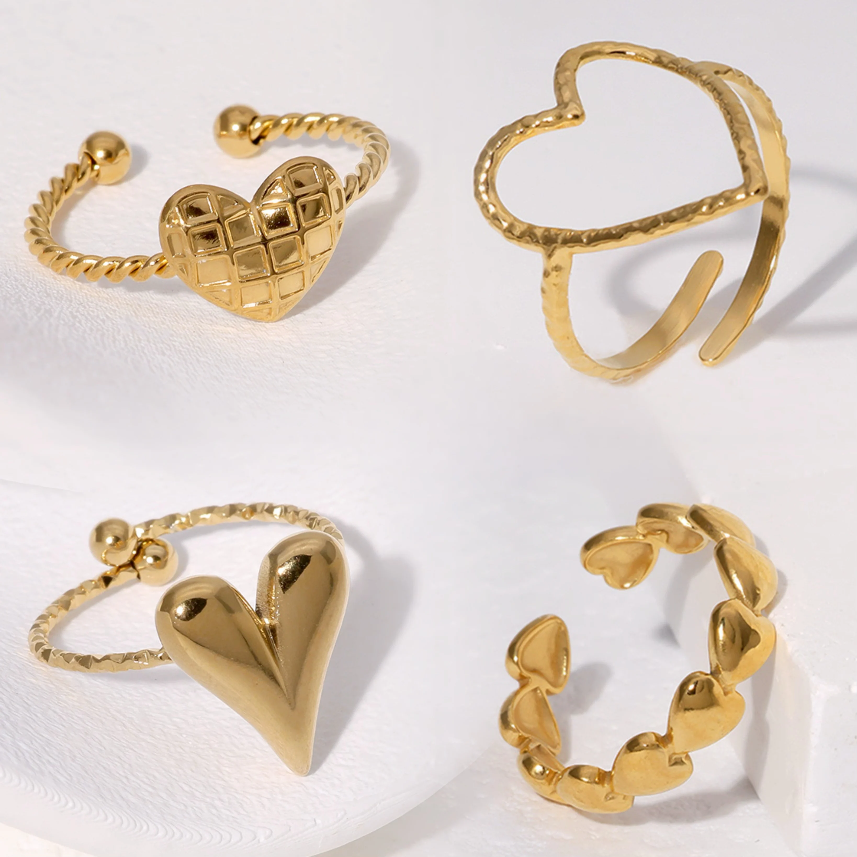 Minimalist 18K Gold Plated Fine Heart Finger Jewellery Stainless Steel Open Ring Set for Women Weddings Engagements Parties