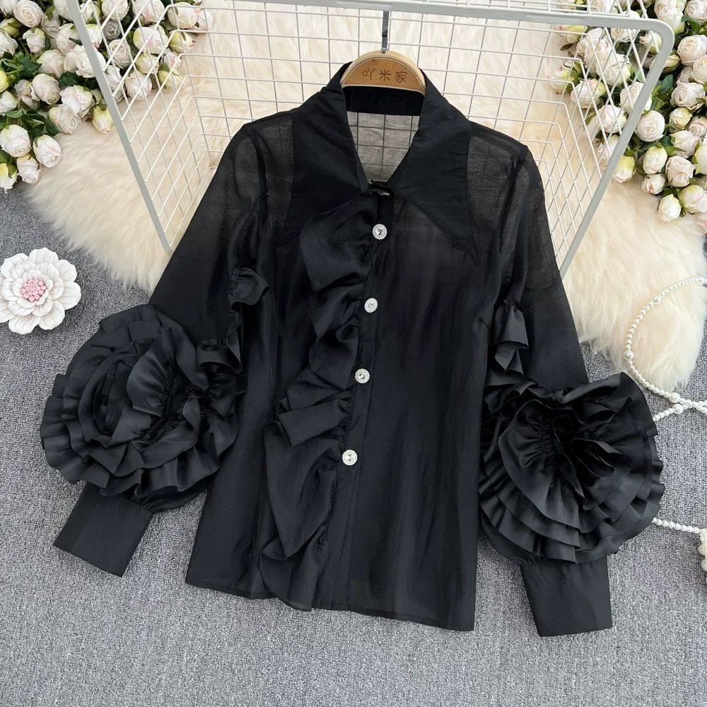 YM8846   Wholesale 2013 Korean Chic Candy Color Ruffles 3D Floral Loose Design Long Sleeve Shirt Blouse Shirt Tops 7