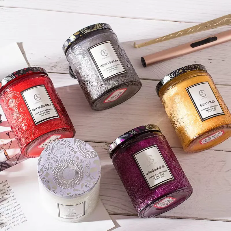 New low price Embossed Glass Jar Aromatherapy Candle Custom Natural Soy Wax Coconut Wax Scented Candle