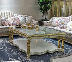 french living room furniture Luxury Gold square coffee table set wooden center table