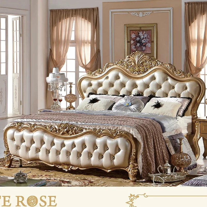 Luxury Italian Bedroom Furniture Set King Size Classic Italian Latest Gold Wooden Bed