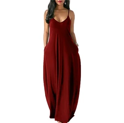 Hot sell fashionable Casual Maxi  V Neck Suspender Strap Loose Pockets Ladies Solid Color sleeveless Long Dress
