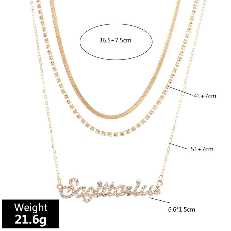 Personalised 12 Horoscope Dainty Women Stainless Steel Multi Layer Zircon Zodiac Sign Necklace Gold Plated Snake Chain Necklace