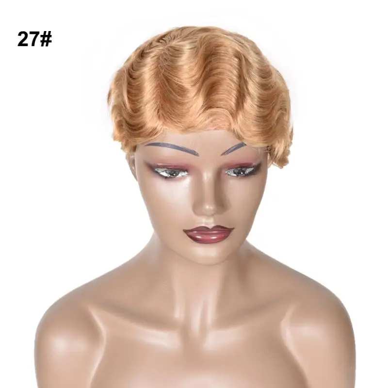 100% Human Hair Blonde Pixie Cut Short Bob Wig Finger Wave Wig Non Lace Closure Frontal Wigs