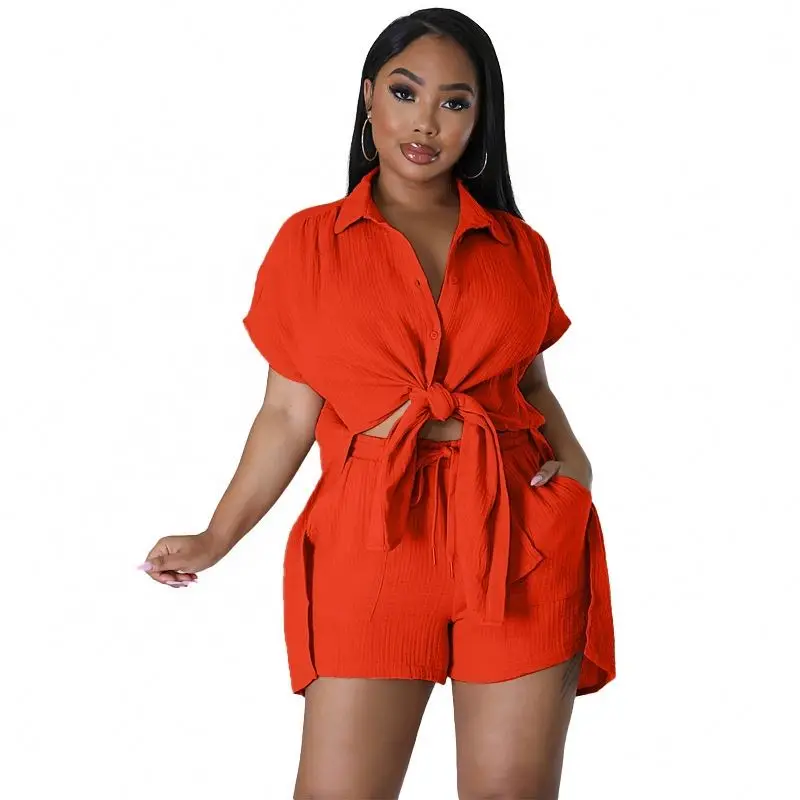 European and American clothing 2024 Amazon summer new cotton and linen solid color shirt short-sleeved casual shorts suit