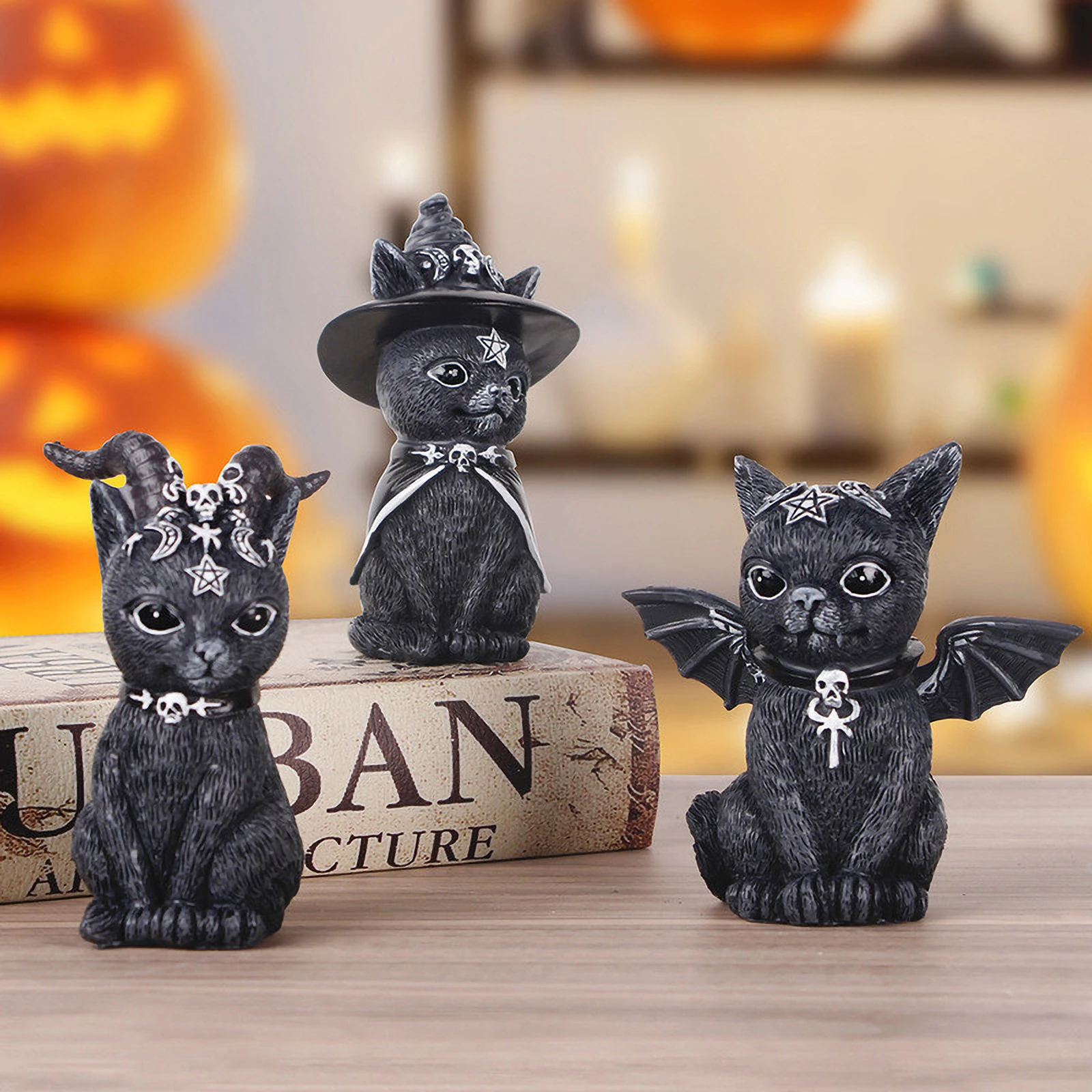 Fengzhi Factory Three demon cats Halloween Shrine Guardian Magic Cat Creative resin ornament Black Cat resin crafts