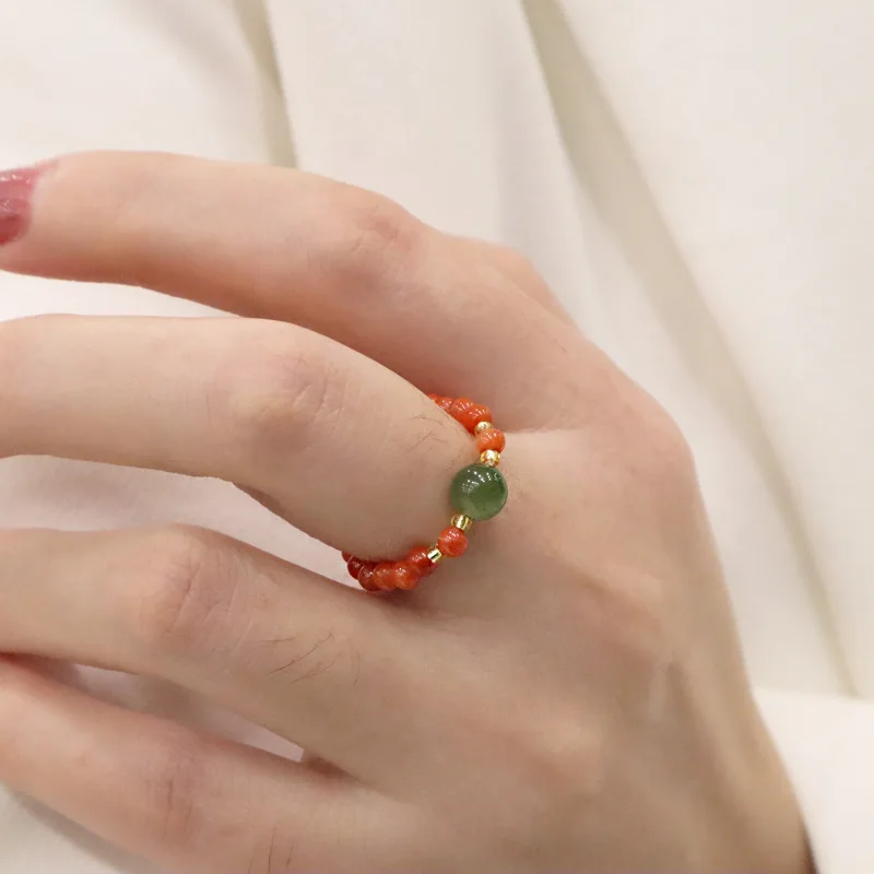 Natural heather red jasper elastic ring female good luck auspicious index finger ring