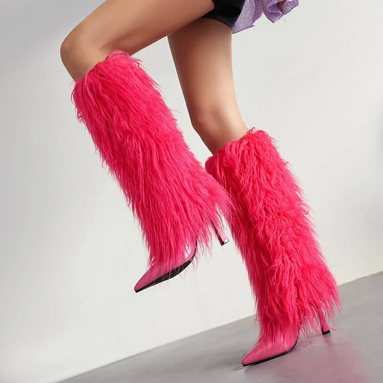 2024 hot selling Winter black plush Stiletto boot leather Pointed Toe Ladies thin High Heels tassel women furry knee high boots