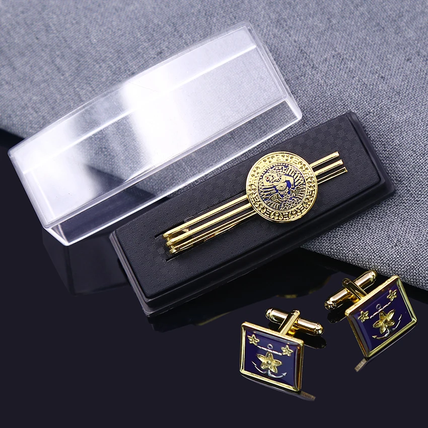 Cufflink manufacturer wholesale custom logo metal men cufflinks and tie clips set with box packaging